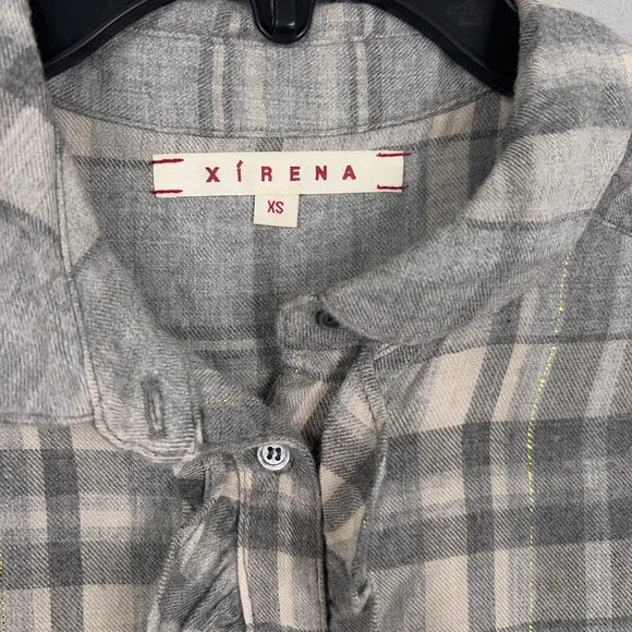 Xirena Shirt Womens XS Gray Plaid Flannel Ruffle Long Sleeve Boho Made in USA - Picture 4 of 15